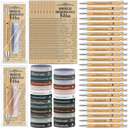 Feifeiya 75 Pcs Fathers Day Christian Gifts Bulk Christian Church Gifts with Bible Verse Pen Religious Silicone Wristband Bookmark for Mom Pastor Teacher Coworker Nurse(Simple Color,Spanish Style)