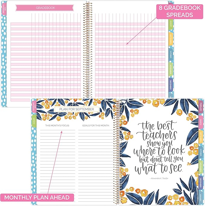 bloom daily planners New Undated Academic Year Teacher Planner & Calendar - 7 Period Lesson Plan Organizer Book with New Frosted Cover (9" x 11") - Learn with Joy