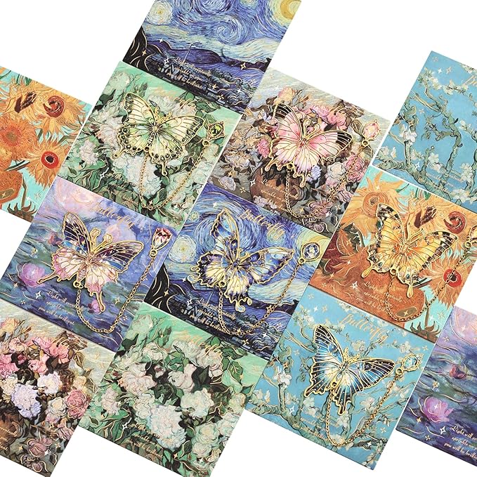 12 Pieces Metal Butterfly Bookmarks with Chain, Golden Hollow Bookmark Monet Oil Painting Theme Book Mark Bookmarks for Book Lovers Women Writers Readers Children Teens