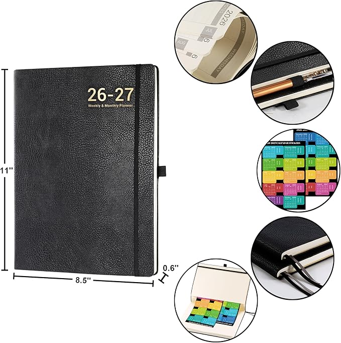 Planner 2026-2027 - Jul 2026 - Jun 2027, Planner Weekly and Monthly, Calendar Planner 2026-2027, 8.5" x 11", Leather Cover Planner with Thick Paper, Back Pocket with Notes Pages, Black