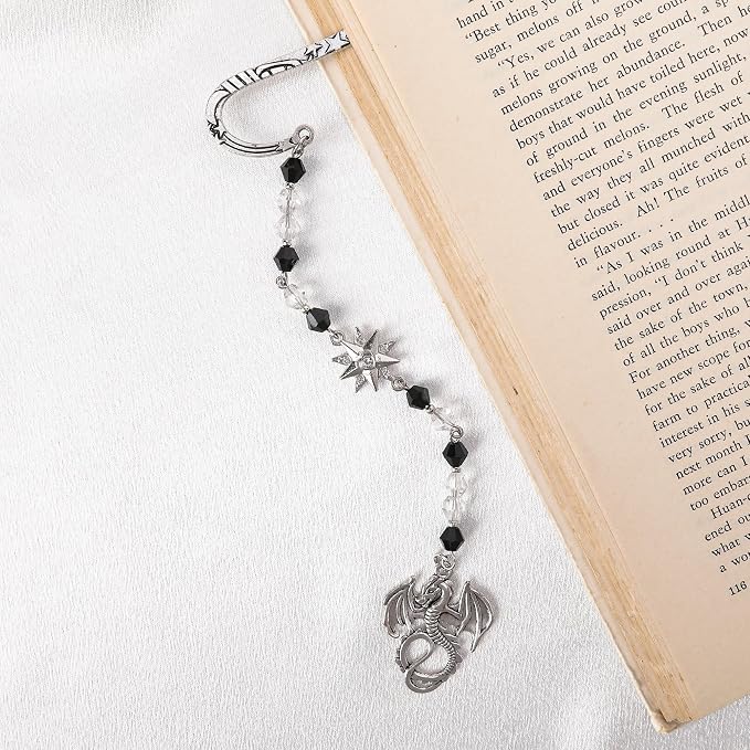 Fantasy Dragon Metal Bookmark - Silver Vintage Wing Beaded Hook Book Marks Fourth Star Charm Cool Unique Page Mark Office School Supplies Gifts for Men Students Teachers Reading Lover Reader