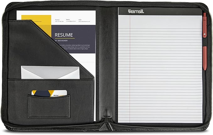 Samsill Contrast Stitch Leather Zippered Portfolio Folder/Business Portfolio for Men and Women, Resume/Document Organizer with Writing Pad, Black (71720)