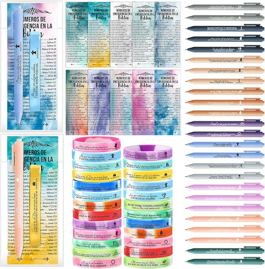Feifeiya 25 Sets Spanish Christian Gifts Bulk, Bible Emergency Numbers Bookmarks, Scripture Wristbands and Pens, VBS Church Favors, Religious Graduation Gifts, Fathers Day Church for Men Women