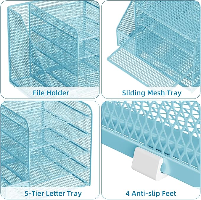 Marbrasse Desk Organizers and Accessories, 5-Tier Paper Letter Tray Organizer with File Holder, Mesh File Organizer, Office Desk Accessories & Organization for Supplies (Blue)