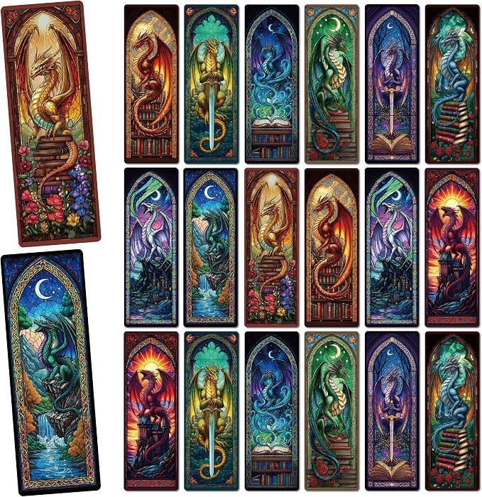 Fantasy Dragon Bookmark Gifts - 20 Pcs Fourth Vintage Stained Glass Bookmarks for Men Women Book Lovers Sword Wing Page Marks Merch School Reading Accessories Bookish Birthday Graduation Gift