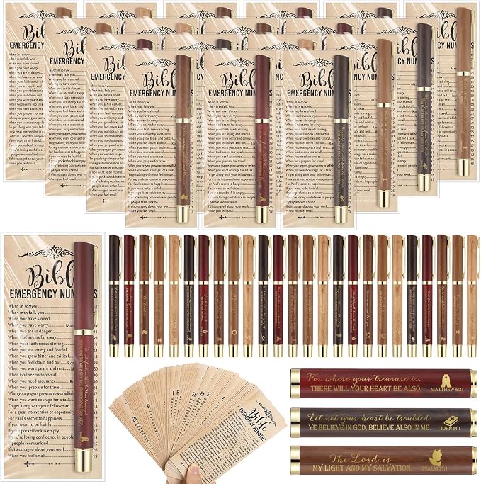 Feifeiya 25 Sets Fathers Day Christian Gifts Bible Bulk Emergency Number Bookmark Scripture Religious Pen for Men Church Welcome Sunday School Favors (English)