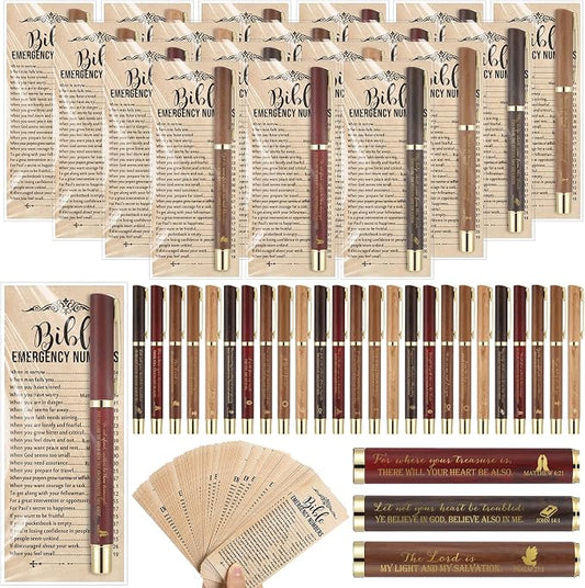 Feifeiya 25 Sets Fathers Day Christian Gifts Bible Bulk Emergency Number Bookmark Scripture Religious Pen for Men Church Welcome Sunday School Favors (English)
