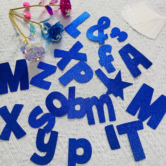225Pcs Glitter Bulletin Board 4inch Letters with Adhesive Dots Punctuation Symbols Cutout for Classroom Numbers Alphabet School Display Decorating Supplies (Blue)
