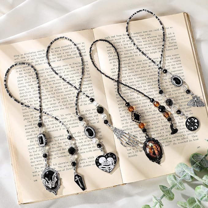 Gothic Skull Bookmark Gifts - Black Halloween Skeleton Beaded Bookmarks for Women Men Book Lovers Crystal Bead Chain Page Marks School Office Reading Accessories Bookish Gift for Birthday