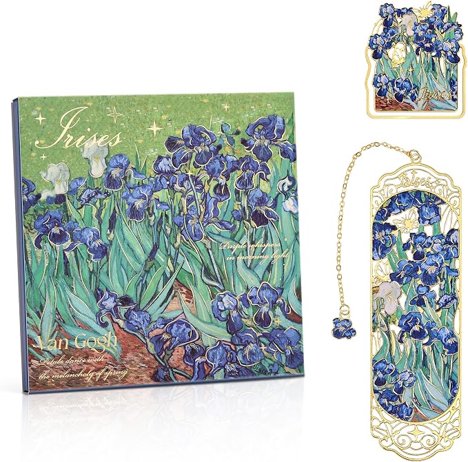Luxury Metal Bookmark & Book Clip Gift Set, Oil Painting Themed Irises, 1 Bookmark with Pendant + 1 Book Clip, Elegant Christmas New Year Gift Box for Women Book Lovers Writers Readers Teenage