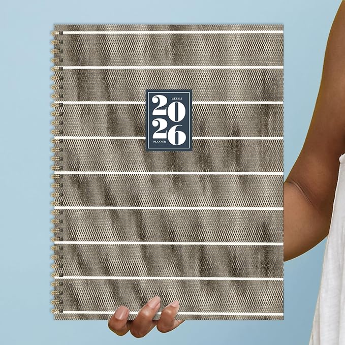 TF Publishing 2026 Linen Large Weekly Monthly Planner with 12-Month Calendar Grid, Priorities Section, Habit Tracker, and Stickers - Large Planner for School or Work - 9in x 11in