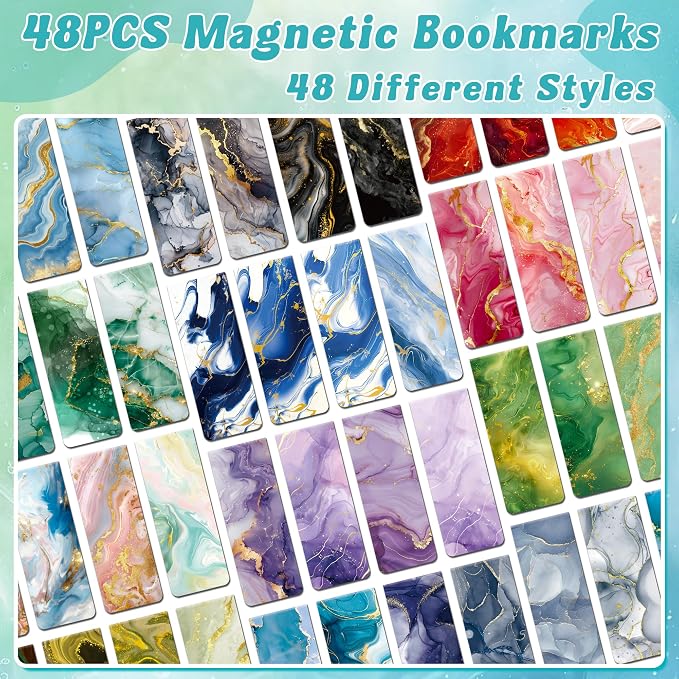 48Pack Magnetic Bookmarks Bulk Book Marks for Reading Women Men Adults Book Lovers Gifts, Cute Bookmarks Magnet Bookmark Clips Magnetic Page Markers Pretty Funny BookMarker（Marble Watercolor