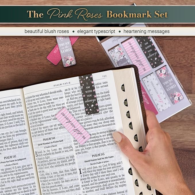 Christian Art Gifts Magnetic Scripture Bookmark Set for Women with Beloved Scripture Favorites -Inspirational Pink Roses Magnetic Bible Verse Pagemarker Set of 6 for Bibles and Books, Size 2.3” x 0.8”