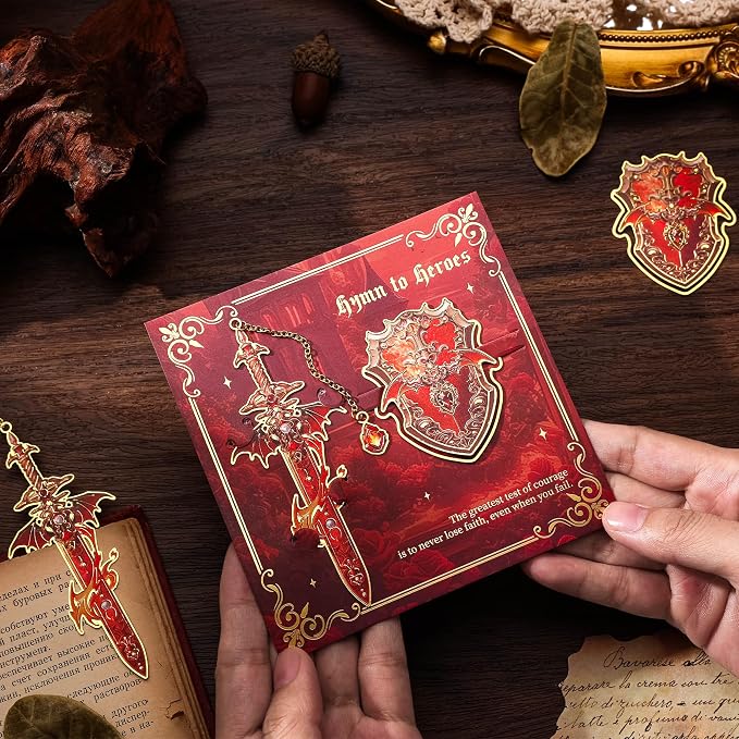 Dragon Knight Metal Bookmark & Book Clip Set - Sword Book Mark with Pendant & Shield Page Marker Clip - Fire Red Fantasy Gift for Men, Women, Kids, Readers, Book Lovers, RPG Gamers | Hymn to Heroes