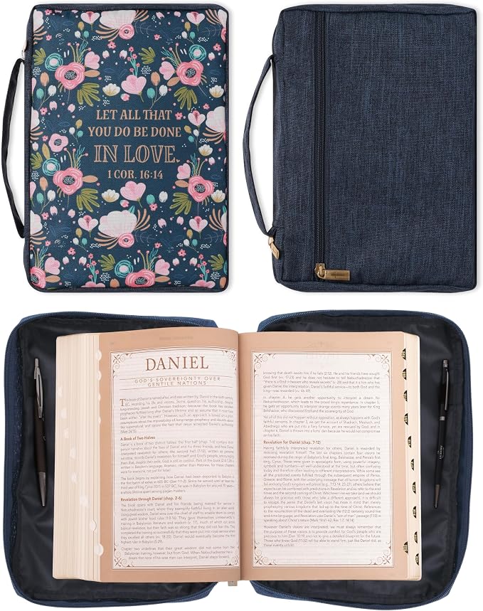 Christian Art Gifts Men/Women's Bible Cover All that You Do 1 Corinthians 16:14, Navy Floral Canvas, Large