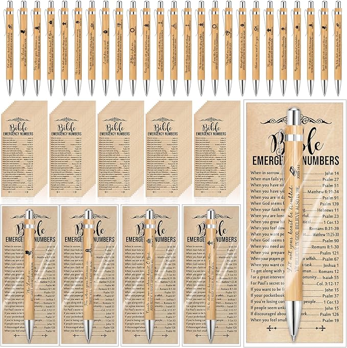 Feifeiya 25 Sets Church Gifts for Fathers Day Bulk Christian Bookmarks 2'' x 6'' Emergency Numbers Scripture Bookmarks and Bible Verse Pens Bulk Religious Gifts for Church Member Clergy