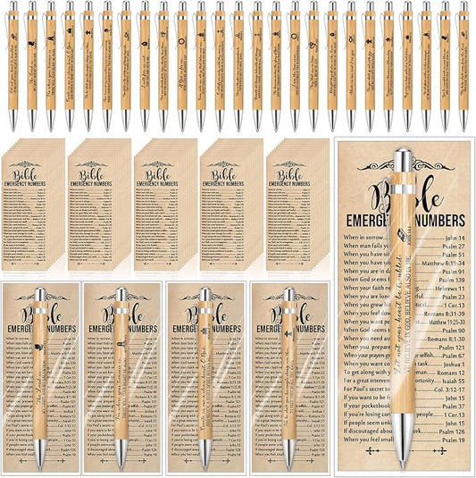 Feifeiya 25 Sets Church Gifts for Fathers Day Bulk Christian Bookmarks 2'' x 6'' Emergency Numbers Scripture Bookmarks and Bible Verse Pens Bulk Religious Gifts for Church Member Clergy