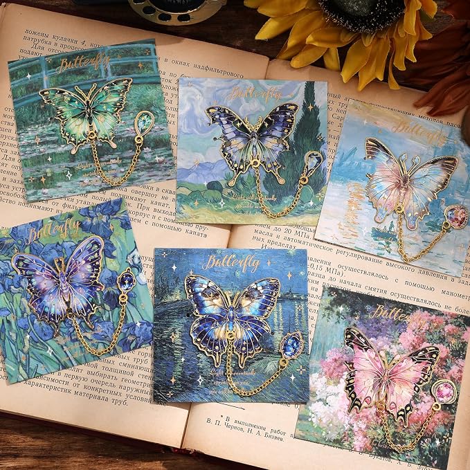 6 Pieces Metal Butterfly Bookmarks with Chain, Golden Hollow Bookmark Monet Oil Painting Theme Book Mark Bookmarks for Book Lovers Women Writers Readers Children Teens