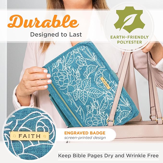 Christian Art Gifts Faith Badge Floral Women's Tri-Fold Organizer Bible Cover Zipper Closure, Teal Canvas, Medium