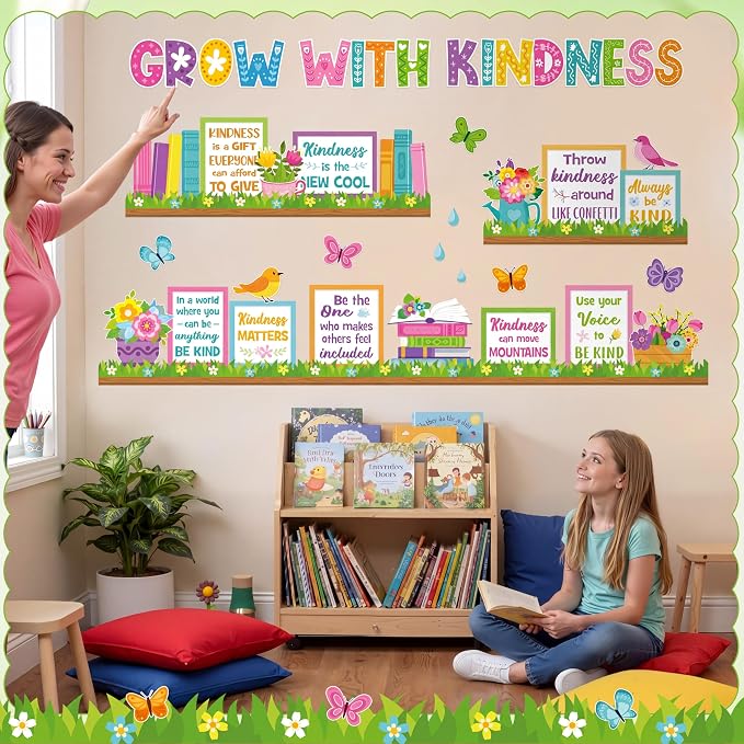 Qilery Grow with Kindness Bulletin Board Set Spring Classroom Decorations - Motivational Reading Posters for Teachers Elementary School Library Wall Decor Flower Book Cutouts for Kindness Week Display