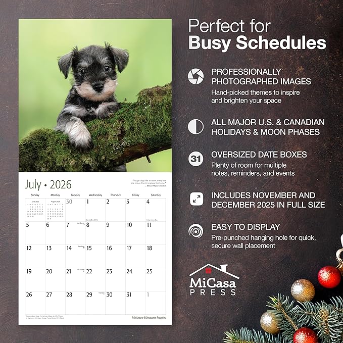 MICASA PRESS Miniature Schnauzer Puppies 2026 Wall Calendar 12 Month | 12" x 24" Open | Thick & Sturdy Paper | Giftable | Cute Puppy Dog Calendar 2026