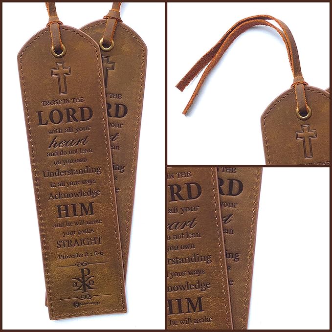 Leather Bible Bookmarks - 2 Leather Christian Bookmarks with Inspirational Bible Verse | Proverbs 3, 5-6 Trust in The Lord | Perfect Religious Book Marker Gifts for Men, Women, Readers and Friends