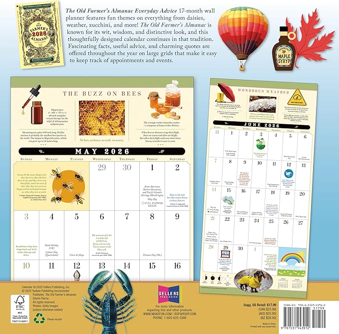 The Old Farmer’s Almanac 2026 Wall Planner: Everyday Advice, Fun Facts & Quotes, 12-Month Family Calendar Book with Large Grids & Seasonal Almanac Themes