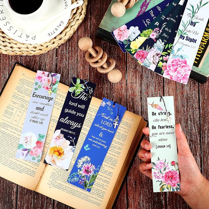 Tenare 20 Pcs Christian Bible Bookmarks for Women, Inspirational Verses Bookmarks with Cross Pendants, Religious Gifts for Women Men Reading Lovers(Floral Style)