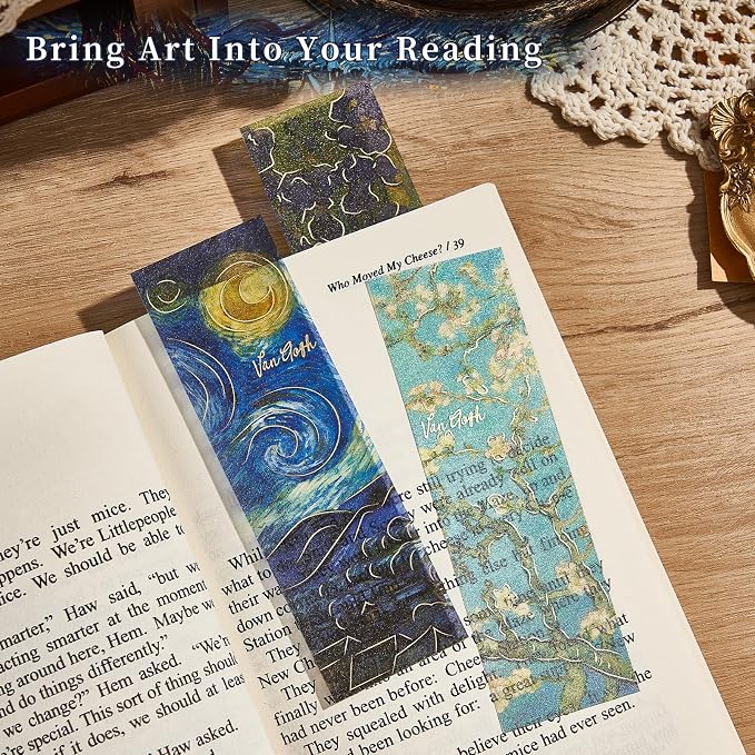 4PCS Fantasy Bookmarks, 5" × 1.5" Gold Foil PVC Book Marker, Van Gogh Inspired Bookish Gifts for Book Lovers