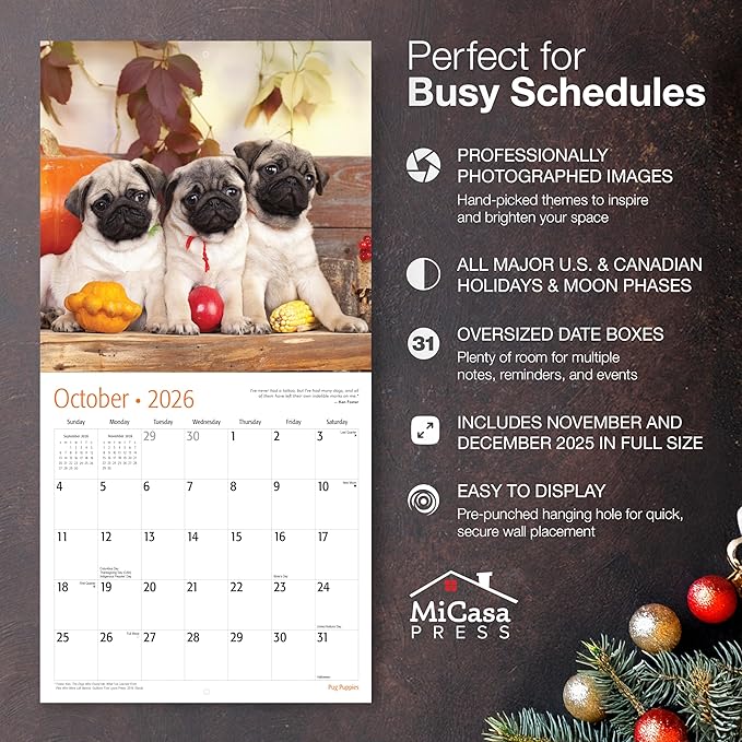 MICASA PRESS Pug Puppies 2026 Wall Calendar 12 Month | 12" x 24" Open | Thick & Sturdy Paper | Giftable | Cute Puppy Dog Calendar 2026