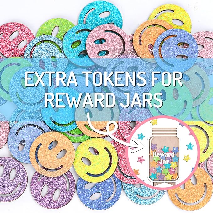 FYSUIMU 45 Pcs Glitter Smile Extra Tokens for Reward Jar Colorful Happy Face Wooden Cutouts Tokens with Linen Pocket for Back to School Classroom Student Teacher