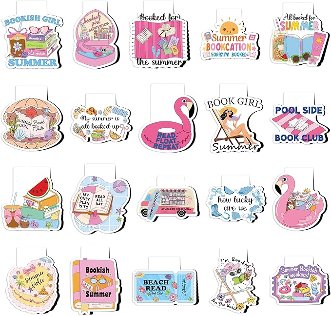 20Pcs Summer Reading Magnetic Bookmarks Cute Vacation Funny Book Club Bookmarks, Summer Poolside Reading Bookish Page Marker Clip Readers Accessories for Book Lover Graduation Back to School Gift