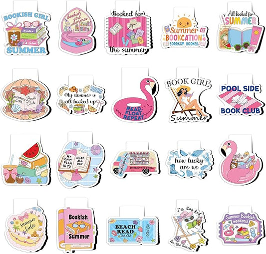 20Pcs Summer Reading Magnetic Bookmarks Cute Vacation Funny Book Club Bookmarks, Summer Poolside Reading Bookish Page Marker Clip Readers Accessories for Book Lover Graduation Back to School Gift