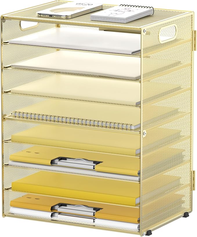DALTACK 9-Tier Paper Organizer for Desk, Mesh Letter Tray Desk Organizer with Handles, Space-Saving File Organizer for Office Home School, Gold