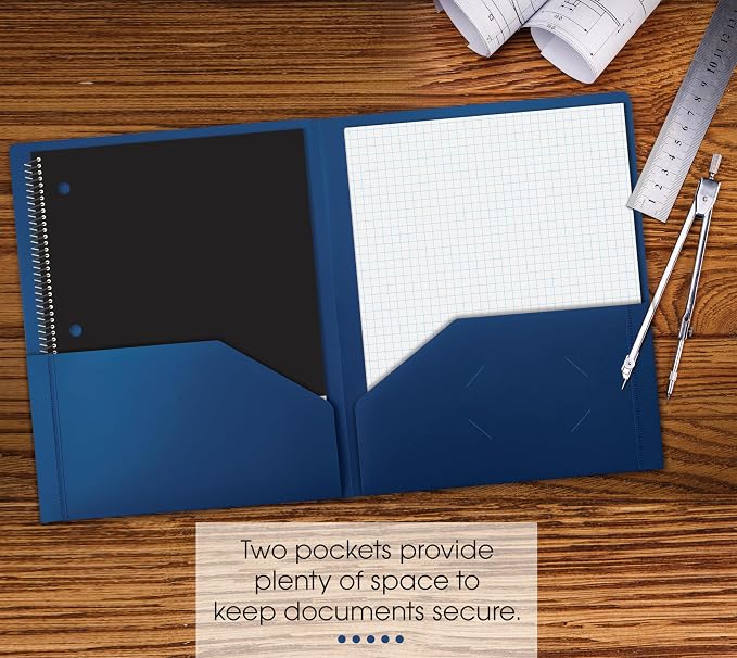 Heavyweight Blue Plastic 2 Pocket Portfolio Folder, Letter Size Poly Folders by Better Office Products, 24 Pack, Royal Blue (no prongs)