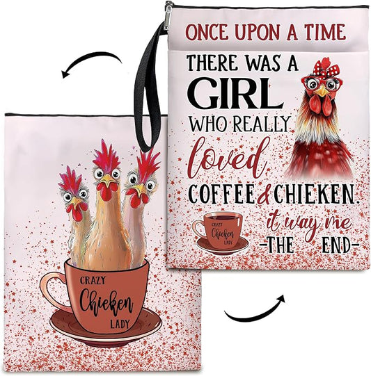 Crazy Chicken Lady Book Cover, Waterproof Book Sleeve with Zippered Front Pocket Retro Flowers Book Pouch for Book Lovers, Christmas, Birthday, Graduation Gifts (Chicken, Large)