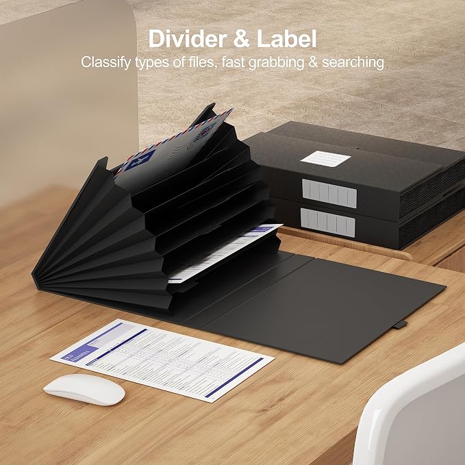 JiaWei Expanding File Folder with Pockets, Black Accordian Filing Folder with 7 Pockets Magnetic Closure A4 Letter Size Documents Folder Organizer with Labels.