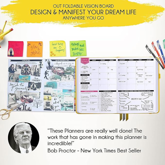 Deluxe Weekly and Monthly Planner | Law of Attraction Planner with Productivity App | 12-Month for Productivity, Gratitude & Goal Setting | Includes Foldable Vision Board, Gift Box & Stickers