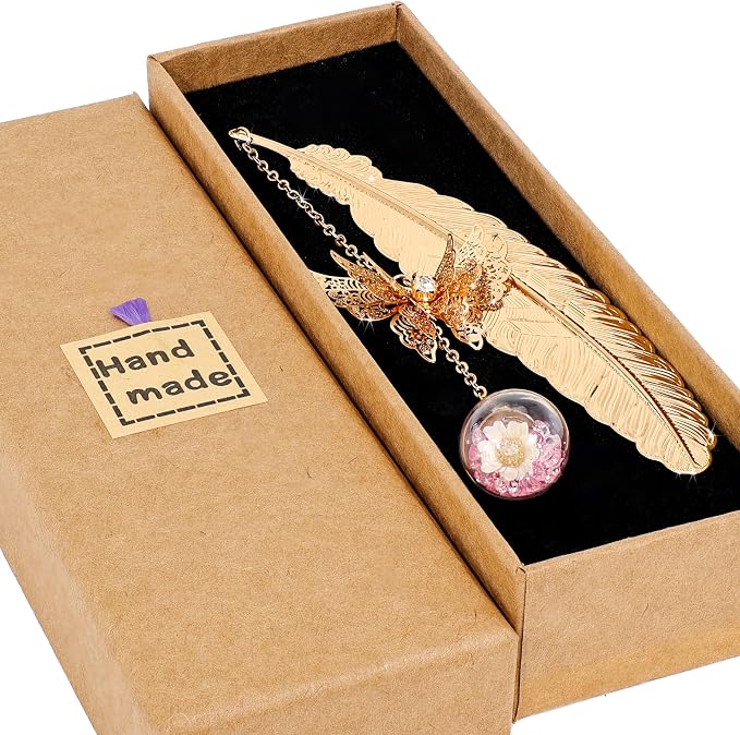 Teacher Retirement Gifts - Metal Feather Bookmark with 3D Butterfly & Real Dried Flower Pendant - Bookmark for Women & Book Lovers Under 10 Dollars - Gift Box Included