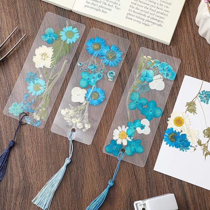 Fuyoooo 376 Pcs Dried Flower Bookmark Making Kit, DIY Bookmark Laminating Pouches with Tassels and Puncher, Handmade Craft Kit for Women, DIY Gifts for Book Lovers (Blue,2 x 6 Inch)
