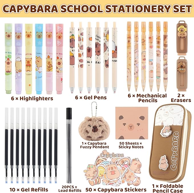 Capybara Gifts Box, Cute Capybara Toy for Girls Kids for Back to School, Birthday, Christmas Gifts with Pencil case, Highlighters, Gel Pens, Pencils, Erasers, Stickers, Sticky Notes, Fuzzy Pendant