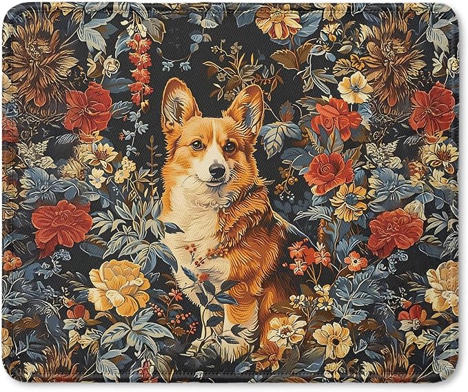 Vintage Floral Corgi Mouse Pad, Dog Lover Gifts for Women, Cute Cottagecore Puppy Animal Mouse Pad for Home Office Computer Gaming Desk Essentials, 9.5x7.9 Inch