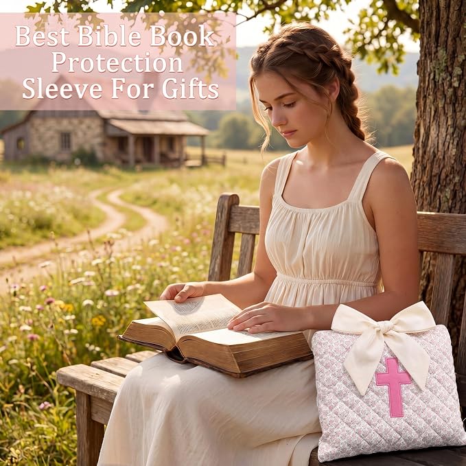 Honoson Quilted Bow Bible Sleeve Cover Case Padded Protector Washable Bible Bag Pouch Christian Gift for Women Girls Book Lover Gifts(Pink Floral Cross)