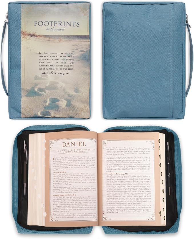 Christian Art Gifts Men/Women's Bible Cover Footprints, Blue Canvas, XL