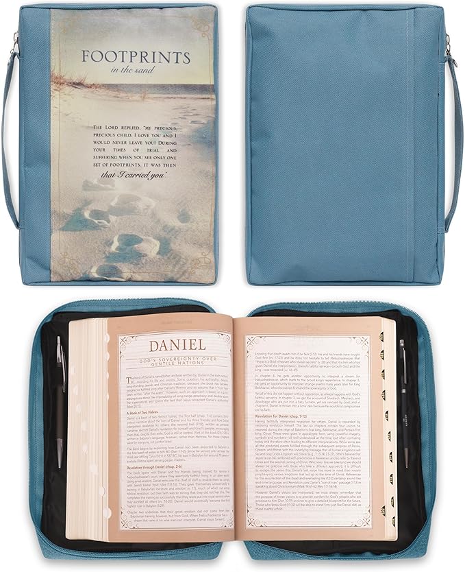 Christian Art Gifts Men/Women's Bible Cover Footprints, Blue Poly Canvas, Large