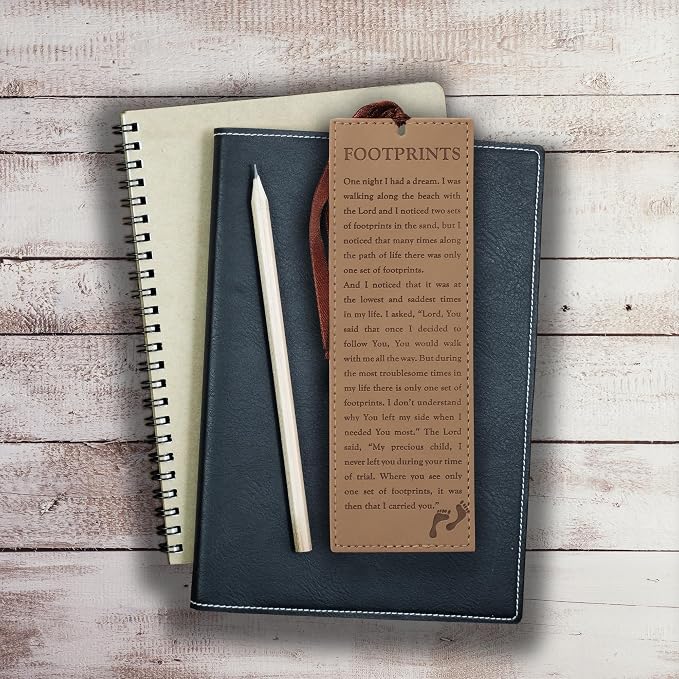 Christian Art Gifts Vegan Faux Leather Scripture Bookmark for Men and Women: Footprints in The Sand - Inspirational Poem Heat-Debossed, Faith-Based Reading Book Accessory with Ribbon Tassel, Brown