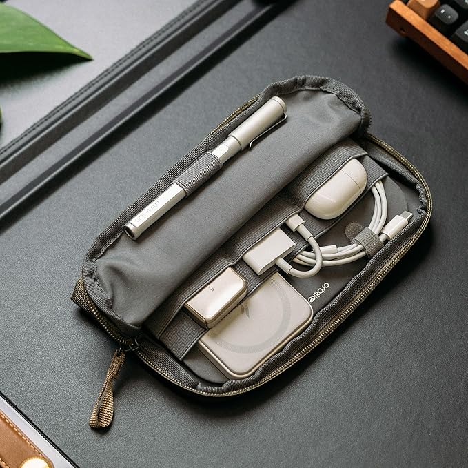 Orbitkey Olive Expandable Desk Storage Pouch – Fold-Down Access Panel, Pen Loop, Recycled Water-Resistant Material – Self-Standing Organizer for Office, Travel, Tech Gear