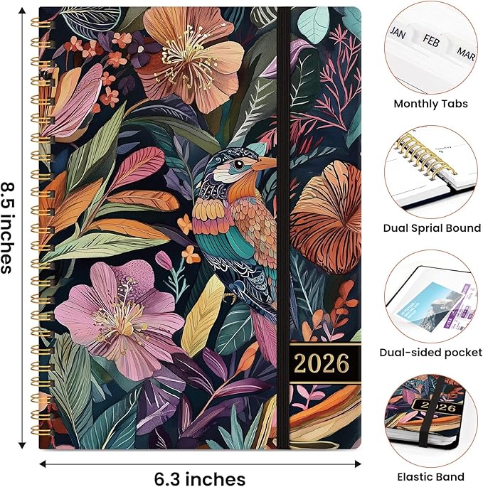 2026 Planner, Weekly and Monthly Planner for Women, Jan 2026 - Dec 2026 Pretty 2026 Calendar Planner with Monthly Tabs, Inner Pocket, Spiral Binding, Perfect for Office Home School - 6.3" x 8.5", Tropical Songbird