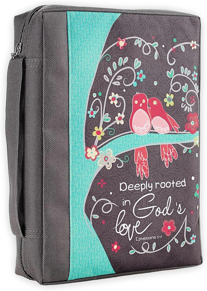 Christian Art Gifts Men & Women’s Bible Cover – Deeply Rooted in God’s Love, Gray Canvas, Large Size – Durable Zipper Case with Handle, Pen Loop, Interior & Exterior Pockets for Daily Use