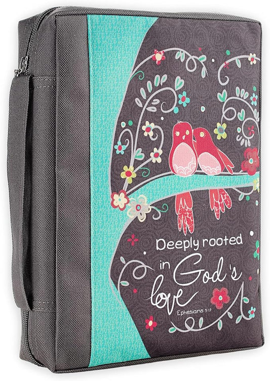 Christian Art Gifts Men & Women’s Bible Cover – Deeply Rooted in God’s Love, Gray Canvas, Large Size – Durable Zipper Case with Handle, Pen Loop, Interior & Exterior Pockets for Daily Use